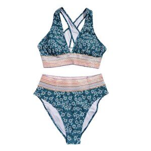 NWT | Teal & White Daisy 2-Piece Swimsuit | Smocked Waist | Large